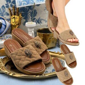 🆕 KURT GEIGER LONDON 🧿 NWOB Kensington Quilted Slip On Sandal, Tan Suede, Sz 7